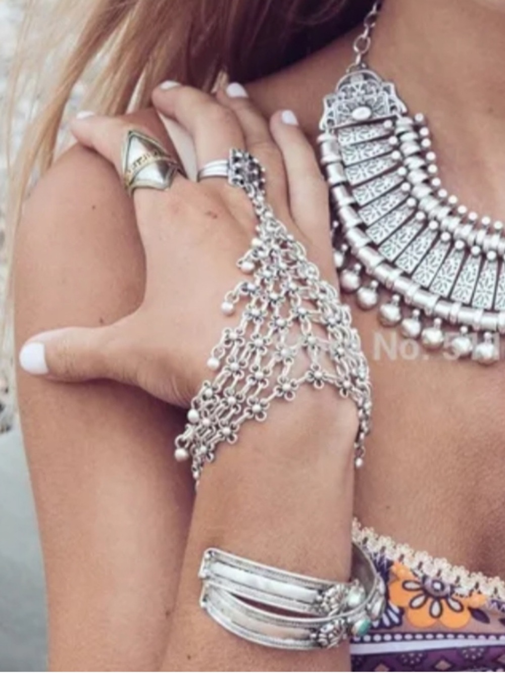 Free People Silver-Tone Floral Chain Slave Bracelet with Ring